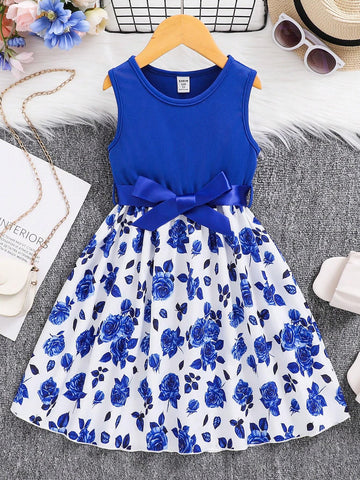 Young Girl's Rose Pattern Ribbed Woven Fabric Print Dress For Summer Vacation Party