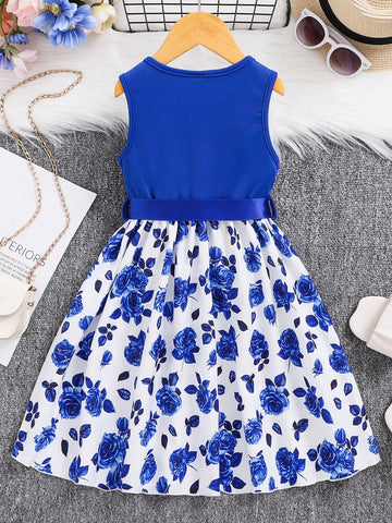 Young Girl's Rose Pattern Ribbed Woven Fabric Print Dress For Summer Vacation Party