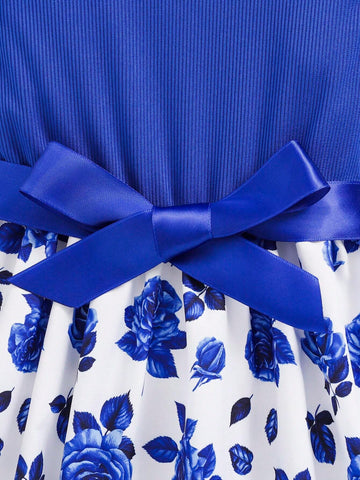 Young Girl's Rose Pattern Ribbed Woven Fabric Print Dress For Summer Vacation Party