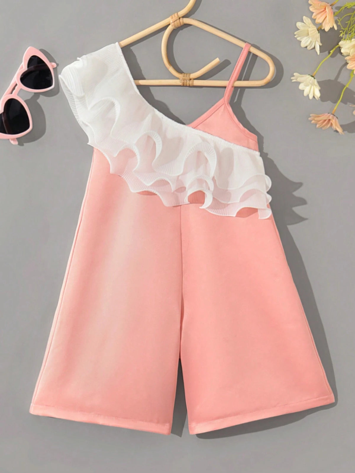 Young Girls' Ruffle Edge Romper With Pink Color, Elegant For Parties