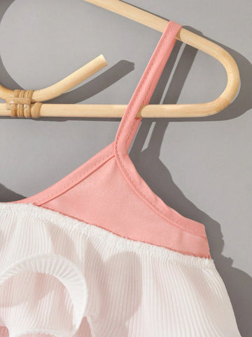 Young Girls' Ruffle Edge Romper With Pink Color, Elegant For Parties