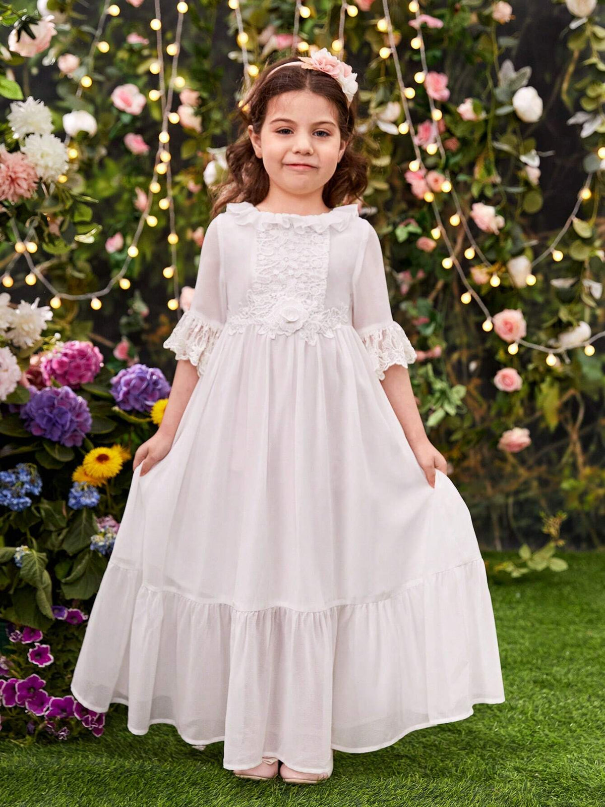 Young Girls' Ruffle Trim Round Neck 3/4 Sleeve Dress With Waist 3d Flower Decoration