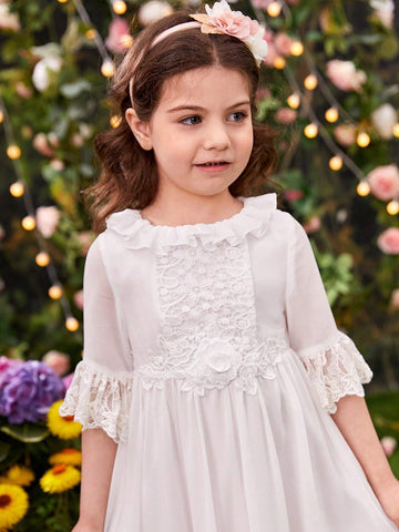 Young Girls' Ruffle Trim Round Neck 3/4 Sleeve Dress With Waist 3d Flower Decoration