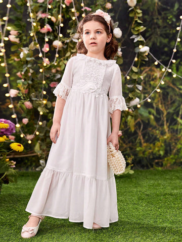 Young Girls' Ruffle Trim Round Neck 3/4 Sleeve Dress With Waist 3d Flower Decoration