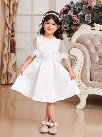 Young Girl's Satin Dress With Lace Spliced Cape, Computer Nail Beads Decoration