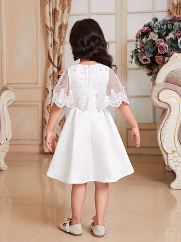 Young Girl's Satin Dress With Lace Spliced Cape, Computer Nail Beads Decoration