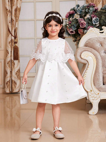 Young Girl's Satin Dress With Lace Spliced Cape, Computer Nail Beads Decoration