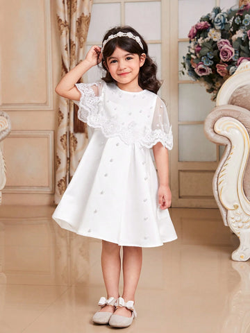 Young Girl's Satin Dress With Lace Spliced Cape, Computer Nail Beads Decoration