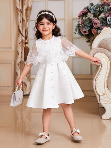 Young Girl's Satin Dress With Lace Spliced Cape, Computer Nail Beads Decoration