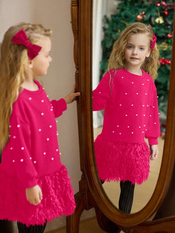 Young Girls Short Style Crew Neck Solid Color Fluffy Hem Loose Casual Dress, Spring/Autumn