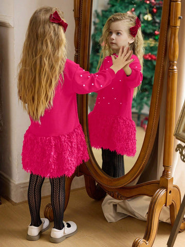 Young Girls Short Style Crew Neck Solid Color Fluffy Hem Loose Casual Dress, Spring/Autumn
