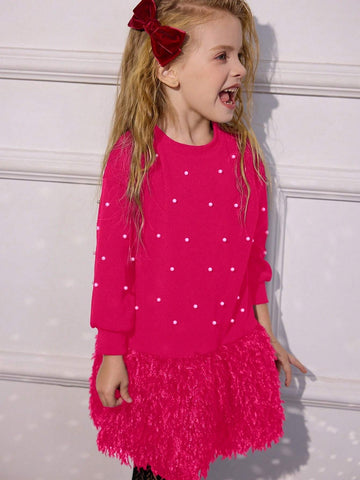 Young Girls Short Style Crew Neck Solid Color Fluffy Hem Loose Casual Dress, Spring/Autumn
