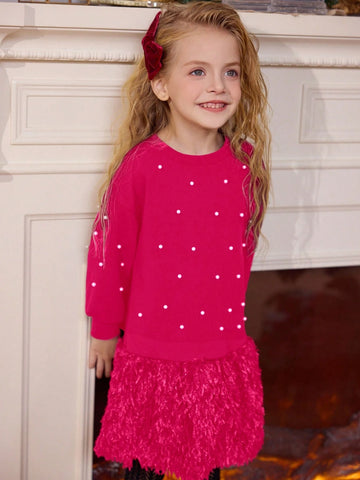 Young Girls Short Style Crew Neck Solid Color Fluffy Hem Loose Casual Dress, Spring/Autumn