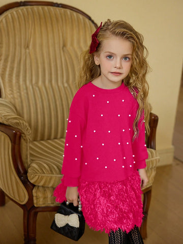 Young Girls Short Style Crew Neck Solid Color Fluffy Hem Loose Casual Dress, Spring/Autumn