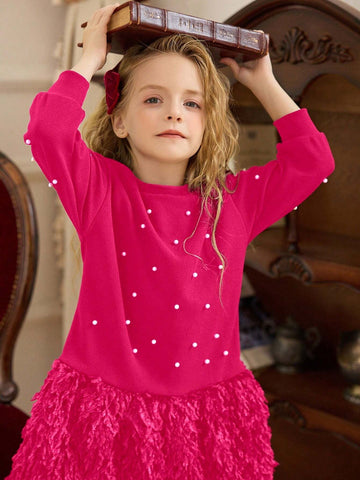 Young Girls Short Style Crew Neck Solid Color Fluffy Hem Loose Casual Dress, Spring/Autumn