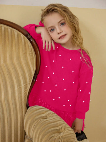 Young Girls Short Style Crew Neck Solid Color Fluffy Hem Loose Casual Dress, Spring/Autumn