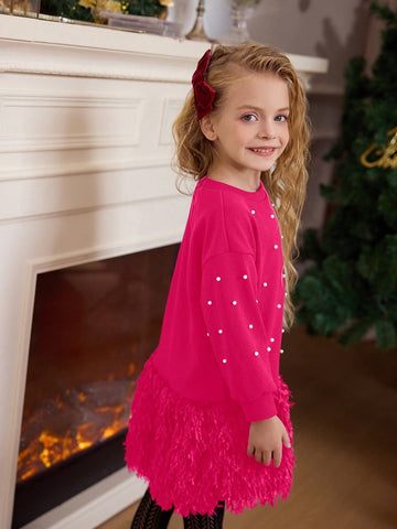 Young Girls Short Style Crew Neck Solid Color Fluffy Hem Loose Casual Dress, Spring/Autumn