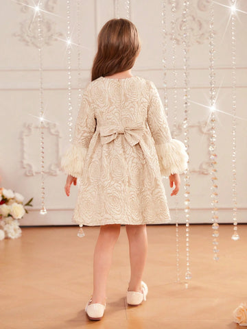 Young Girl's Slim Fit, Romantic And Elegant Fabric Patchwork Round Neck, Head To Wear Furry Cuffs Dress