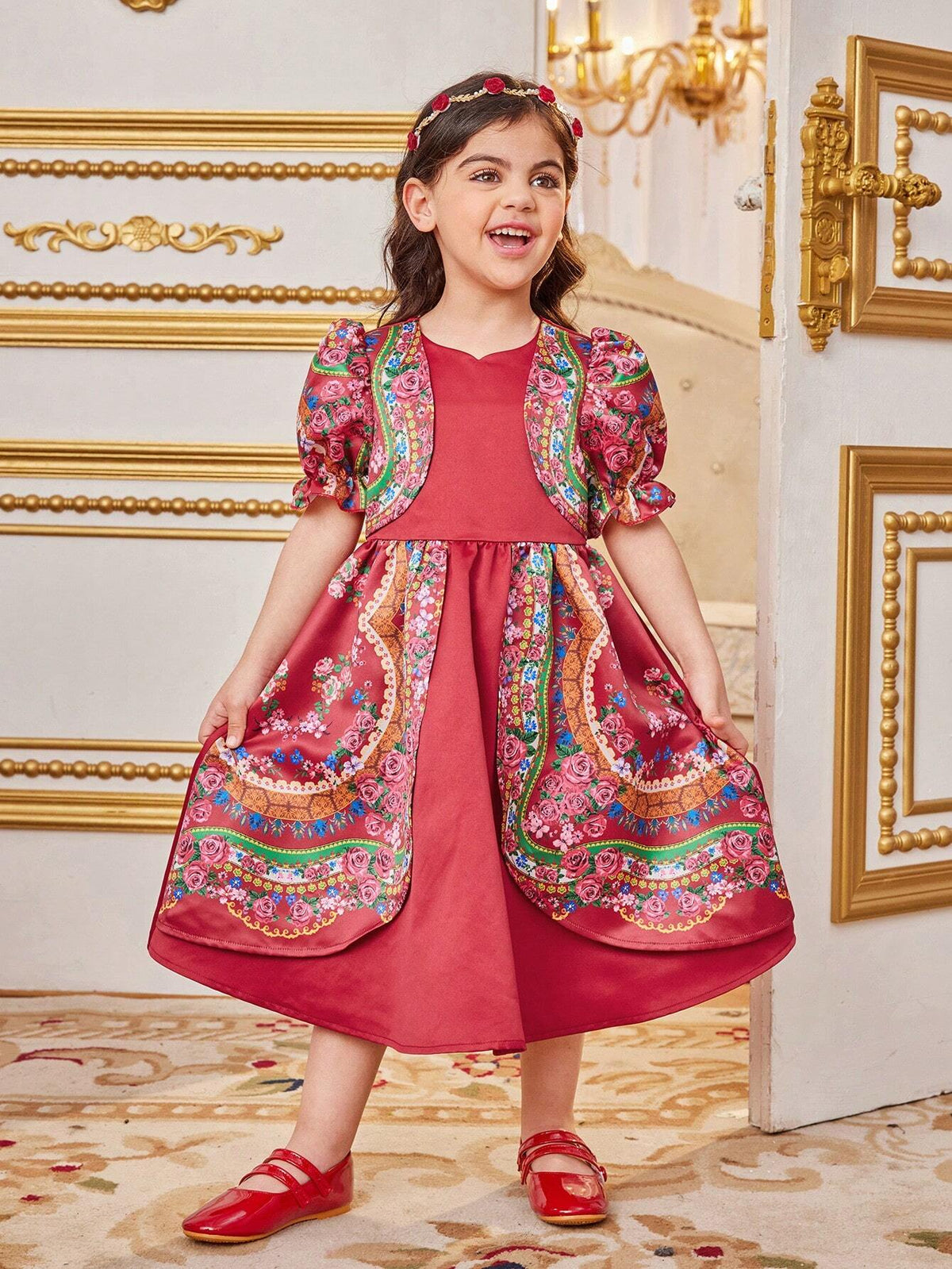 Young Girl's Slim Fit Vacation Cute Round Neck Puff Sleeve Floral Midi Dress With Patchwork