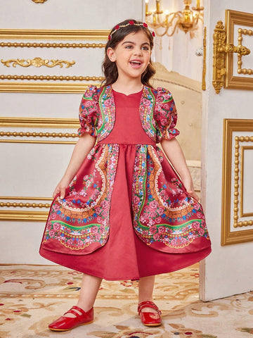 Young Girl's Slim Fit Vacation Cute Round Neck Puff Sleeve Floral Midi Dress With Patchwork