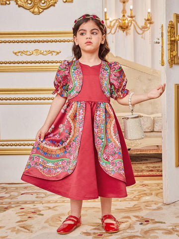 Young Girl's Slim Fit Vacation Cute Round Neck Puff Sleeve Floral Midi Dress With Patchwork