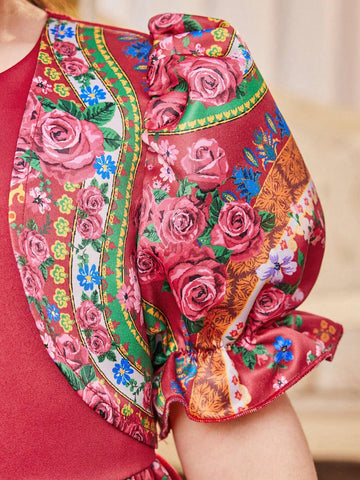 Young Girl's Slim Fit Vacation Cute Round Neck Puff Sleeve Floral Midi Dress With Patchwork
