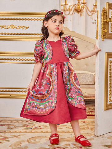 Young Girl's Slim Fit Vacation Cute Round Neck Puff Sleeve Floral Midi Dress With Patchwork