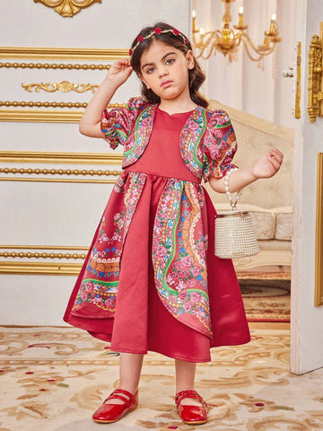 Young Girl's Slim Fit Vacation Cute Round Neck Puff Sleeve Floral Midi Dress With Patchwork