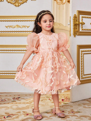 Young Girls' Slim Fitted Dress With Gorgeous 3d Flower Decoration, Organza Puff Sleeves, Bubble Hem And Big Bow On The Back
