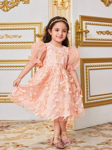 Young Girls' Slim Fitted Dress With Gorgeous 3d Flower Decoration, Organza Puff Sleeves, Bubble Hem And Big Bow On The Back