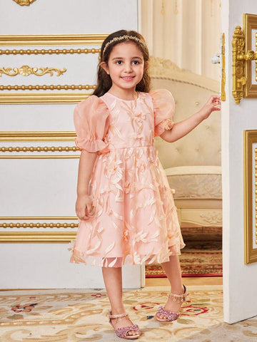 Young Girls' Slim Fitted Dress With Gorgeous 3d Flower Decoration, Organza Puff Sleeves, Bubble Hem And Big Bow On The Back