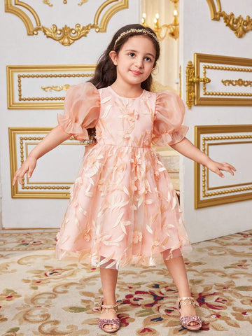 Young Girls' Slim Fitted Dress With Gorgeous 3d Flower Decoration, Organza Puff Sleeves, Bubble Hem And Big Bow On The Back