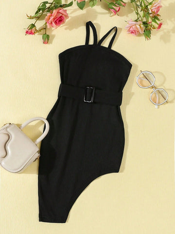 Young Girl's Solid Color Fashionable Summer Dress + Belt