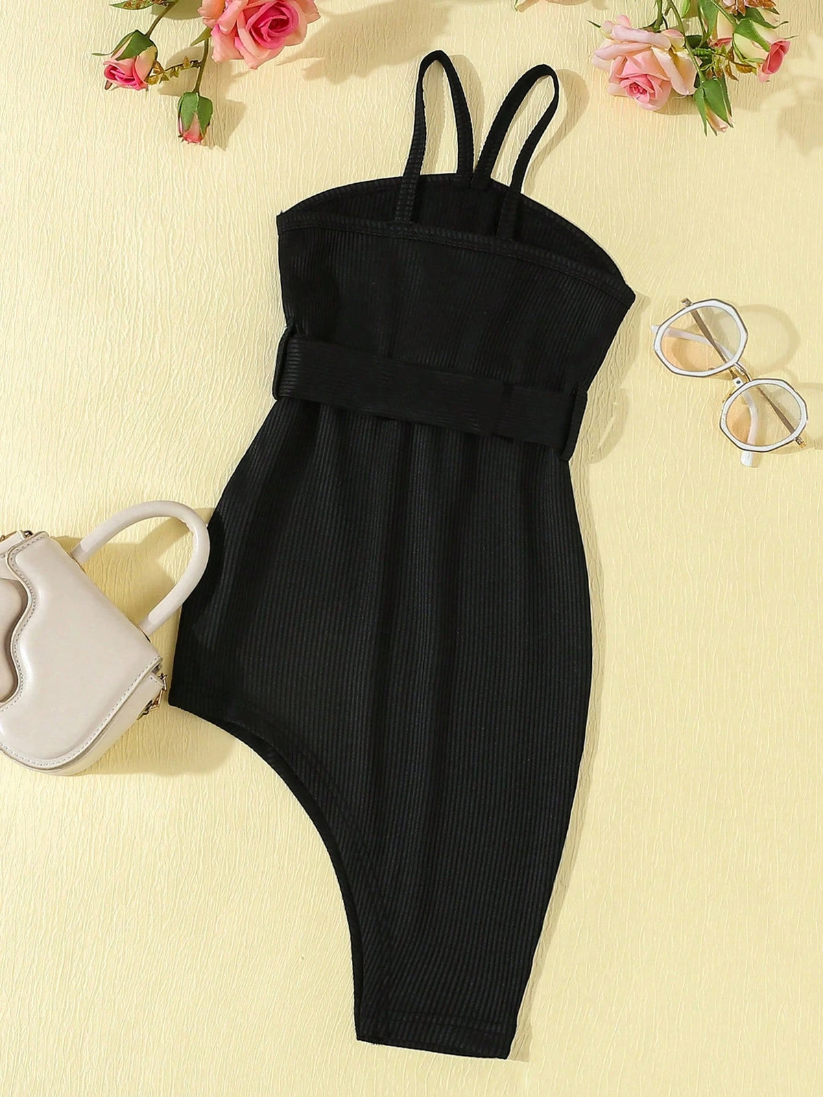 Young Girl's Solid Color Fashionable Summer Dress + Belt