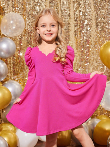 Young Girls Solid Color Fitted Gigot Sleeve Casual Knit Dress