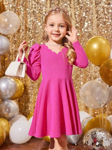 Young Girls Solid Color Fitted Gigot Sleeve Casual Knit Dress