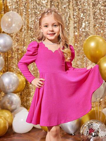 Young Girls Solid Color Fitted Gigot Sleeve Casual Knit Dress