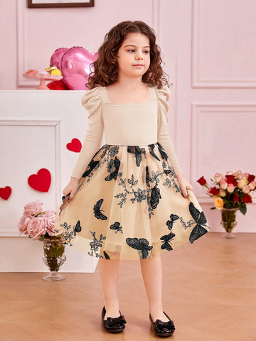 Young Girl's Solid Color Knitted Gigot Sleeve Splice Sheer Panel Woven Dress