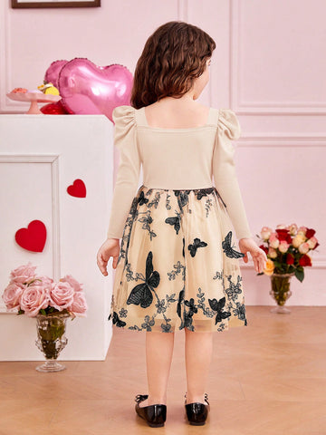 Young Girl's Solid Color Knitted Gigot Sleeve Splice Sheer Panel Woven Dress