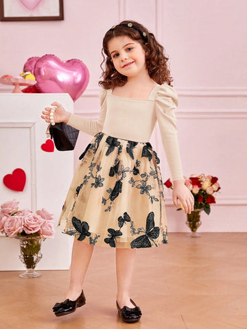 Young Girl's Solid Color Knitted Gigot Sleeve Splice Sheer Panel Woven Dress