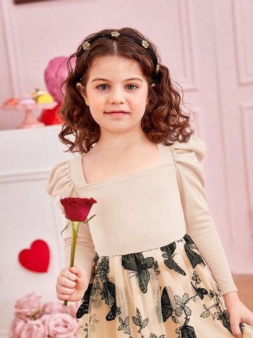 Young Girl's Solid Color Knitted Gigot Sleeve Splice Sheer Panel Woven Dress