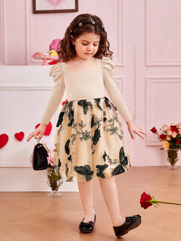 Young Girl's Solid Color Knitted Gigot Sleeve Splice Sheer Panel Woven Dress