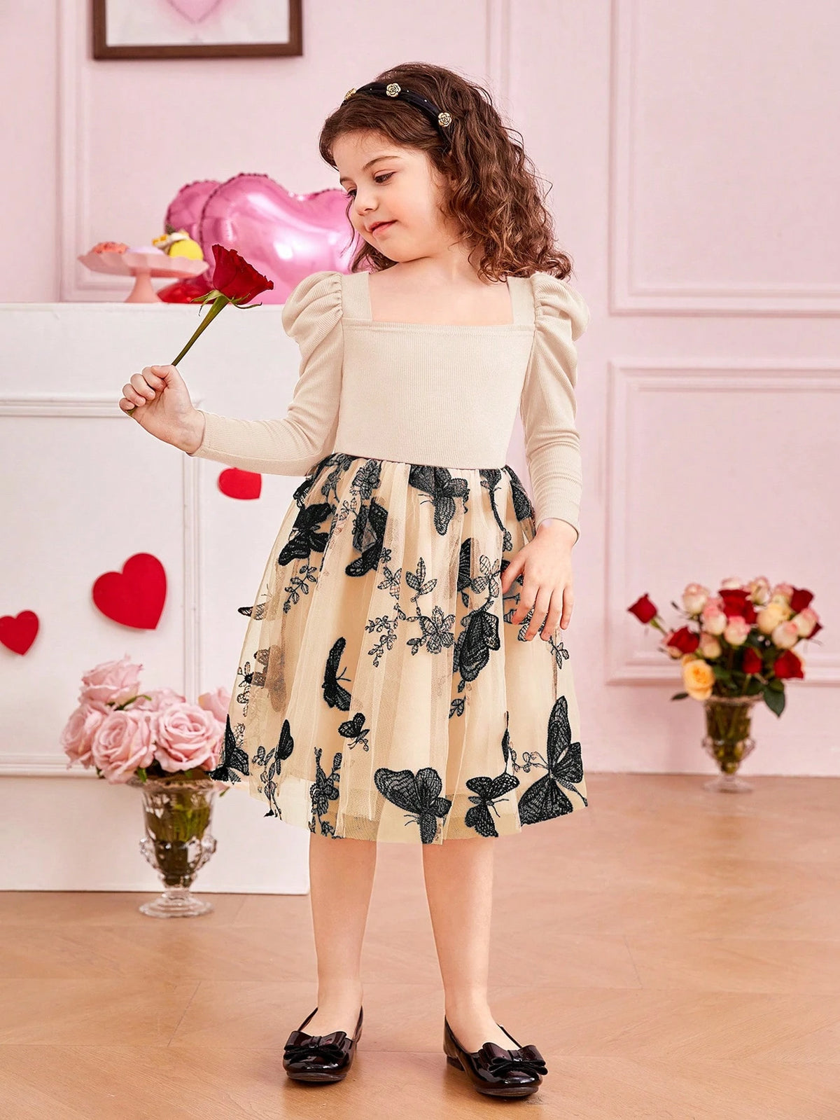 Young Girl's Solid Color Knitted Gigot Sleeve Splice Sheer Panel Woven Dress