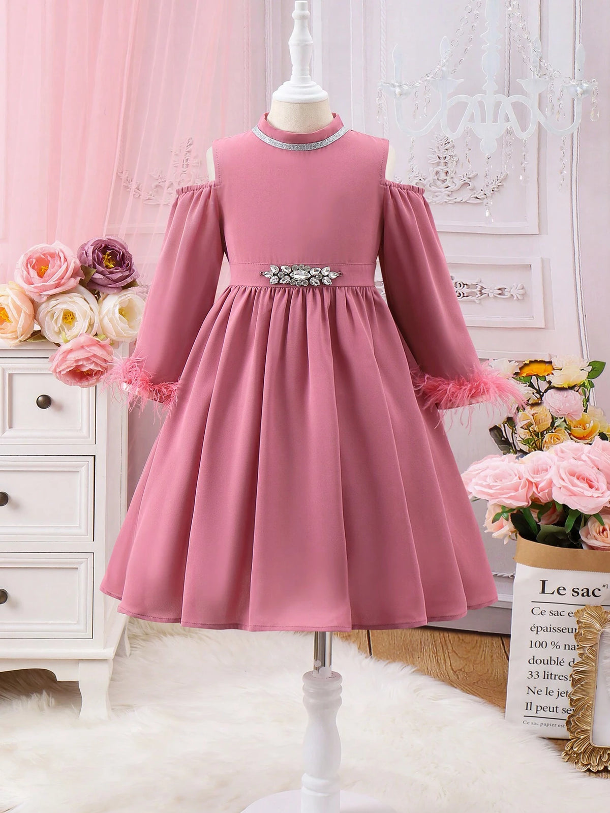 Young Girls' Solid Color Open Shoulder Sleeve Applique Dress, Perfect For Parties