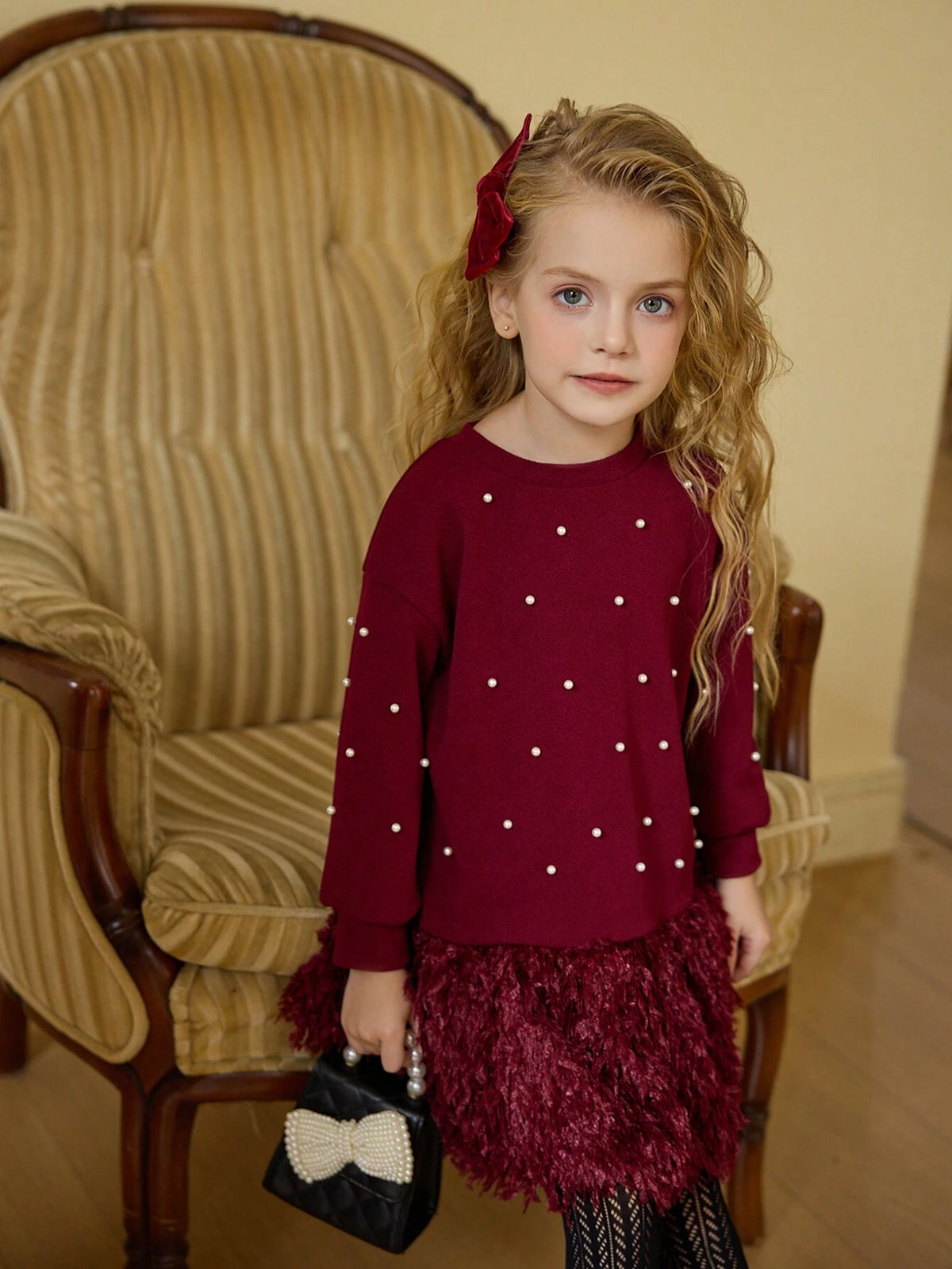 Young Girls Solid Color Round Neck Pearl Hem Fluffy Loose Casual Dress, Spring And Autumn