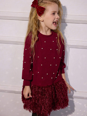 Young Girls Solid Color Round Neck Pearl Hem Fluffy Loose Casual Dress, Spring And Autumn