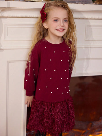Young Girls Solid Color Round Neck Pearl Hem Fluffy Loose Casual Dress, Spring And Autumn