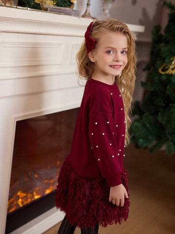Young Girls Solid Color Round Neck Pearl Hem Fluffy Loose Casual Dress, Spring And Autumn