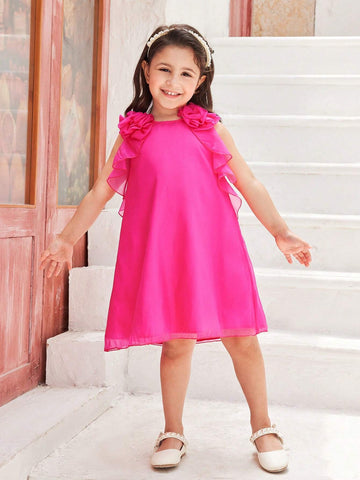 Young Girls' Solid Color Simple Daily Dress With Lace Decoration