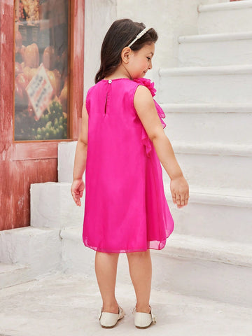 Young Girls' Solid Color Simple Daily Dress With Lace Decoration